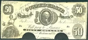 1861年、T8、50ドル、ワシントン、シリアルレターBb、「Trea'r」が印刷される前の「For」、