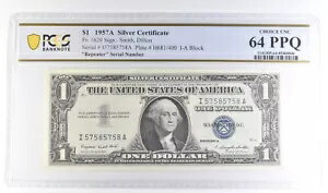 1957 A $1 シルバー証明書 Fr#1620 リピーター シリアル Unc 64 PPQ PCGS *6122