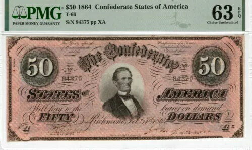 T-66 PF-5 1864 $50 南軍紙幣 - PMG Choice 未流通 63 EPQ!