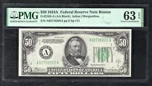 FR。 2103-A 1934-A $50 フランス連邦準備制度紙マサチューセッツ州ボストン PMG 未流通-63EPQ