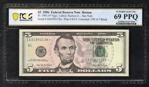 FR。 1993-A* 2006 $5 *スター* FRN マサチューセッツ州ボストン PCGS 紙幣宝石未流通-69PPQ