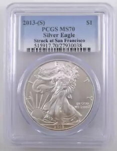 2013-(S) シルバー アメリカン イーグル S$1 がサンフランシスコ PCGS MS70 で衝突
