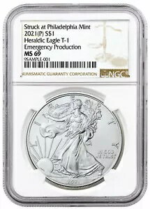 2021(P) シルバー イーグルがフィラデルフィア緊急 T-1 NGC MS69 で衝突