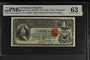 ドミニカ共和国 1 ペソ 1889、P-S131r 残り、PMG Choice UNC 63 レア