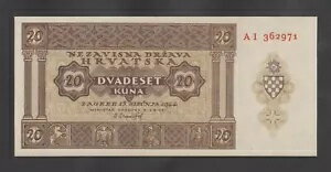 ??クロアチア 20 クナ 1944 UNC P9a 第二次世界大戦 ナチスドイツ同盟国 シリアル番号 AI 362971