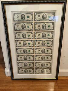 16 枚のシート、ノーカット 2 ドル紙幣、1995 年紙幣、フレーム入り