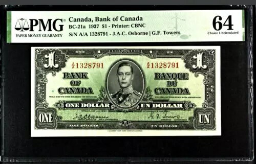 カナダ、カナダ銀行、$1 1937 - プリンター: CBNC BC-21a、PMG 64 Choice Unc