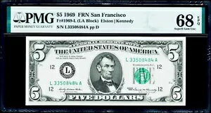 5 ドル 1969 年連邦準備銀行紙幣サンフランシスコ Fr#1969-L PMG 68 EPQ 素晴らしい宝石 UNC。