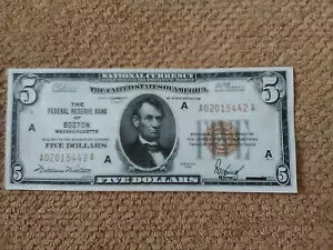 1929 年 5 ドル紙幣、鮮明、非常に良好、UNC、茶色のシール、ボストン発行