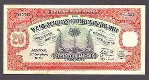 英国西アフリカ 20 シリング 1949 P-8 VF+ - aXF