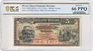 メキシコ、メキシコ半島バンコ 1914 5 ペソ P#S465a UNC 66 PPQ、電車。