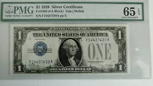 FR1600 $1.00 1928 シルバー 証明書 宝石 未流通 シリアル番号 F14437439 A PMG65