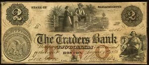 1858 マサチューセッツ州ボストン - トレーダーズ バンク - 座位＆柱式 2 ドル紙幣 - 非常に珍しいです。