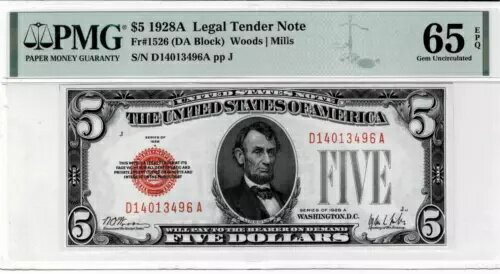 1928A ɥ 5 ˡ̲߻ -- 㡣 1526 (DA ֥å) PMG GEM UNC 65 EPQ