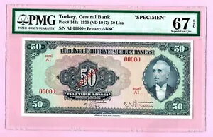 トルコ 50 TL シリアル A1 00000--スペック-- P143s 1930-47 素晴らしい宝石 UNC PMG 67 EPQ