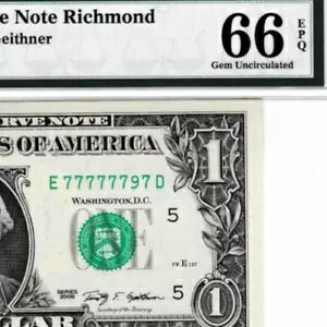 NEAR SOLID 797 BOEING S/N 77777797 $1 2009 連邦準備銀行紙幣1934-E PMG