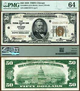 1929 年 $50 連邦準備銀行券 FR-1880-G シカゴ イリノイ PMG CU64