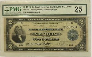 1918 年 $2 連邦準備銀行券 ミズーリ セントルイス 戦艦 FR-769 PMG 25