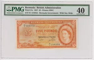 英国バミューダ紙幣 5 ポンド 1957 P21c XF PMG40 クイーン エリザベス ノーセック ストリップ