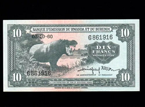 ルワンダ ブルンジ 10 フラン 1960 P-2a aUNC
