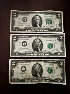1976 年の 2 ドル紙幣 ($2) 3 枚、トーマス ジェファーソン