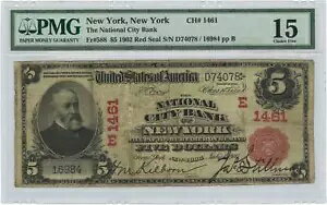 1902年 $5 国立銀行券 レッドシール ニューヨーク州ニューヨーク州 Fr#588 PMG Ch F 15