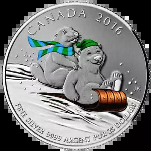 ???? カナダ 25 ドル純銀貨、冬の楽しみ、雪だるま、そり、2016