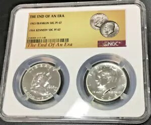 時代の終わり シルバー 1963 フランクリン 50C と 1964 ケネディ 50C NGC PF-67 ペア