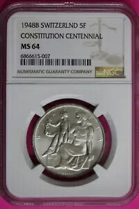 1948 B MS 64 スイス 5 フラン銀貨 NGC 等級認定スラブ 1498