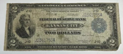 1918年 $2連邦準備銀行紙幣 戦艦カンザスシティ FR.775 VG /F