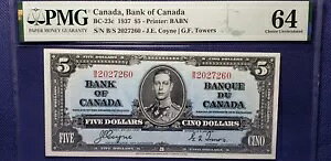 カナダ銀行 1937 BC-23c $5 コインタワーズ (SN:B/S 2027260) PMG CUNC64