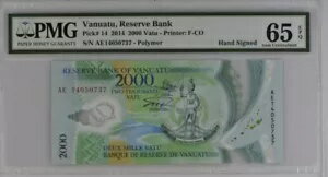 バヌアツ 2000 バツ 2014 P14 UNC - ポリマー / PMG GEM65EPQ フォルダー付き - 手書き署名