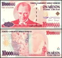 トルコ 1,000 万リラ、L.1970 (1999 ND)、P-214a.2、UNC、プレフィックス G