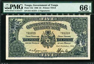 トンガ 1966、5 ポンド、P12d、PMG 66 EPQ GEM UNC