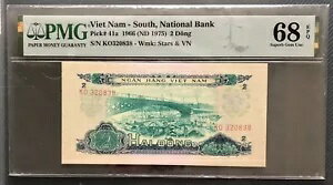 PMG 68 ベトナム 1968 ND 1975 南国立銀行紙幣 2 ドン