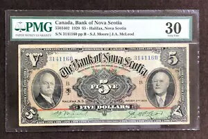 紙幣 ノバスコシア州ハリファックス銀行 1929年 $5 5ドル #3141160 PMG 30 VF