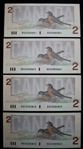 1986 カナダ銀行 $2 - 4 連続交換紙幣 BBX 0000861-64 低番号