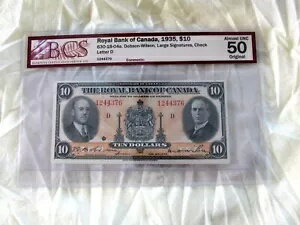 1935 年 カナダ ロイヤル銀行券 10 ドル チャーター銀行 BCS AU 50
