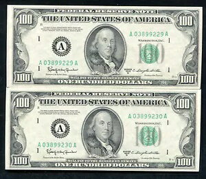 (2) 連続 FR. 2161-A 1950-D $100 フランス連邦準備銀行紙幣 マサチューセッツ州ボストン 宝石