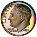 PR68DCAM 1994-S 10C ルーズベルト シルバー プルーフ ダイム、PCGS Trueview - レインボー トーン!