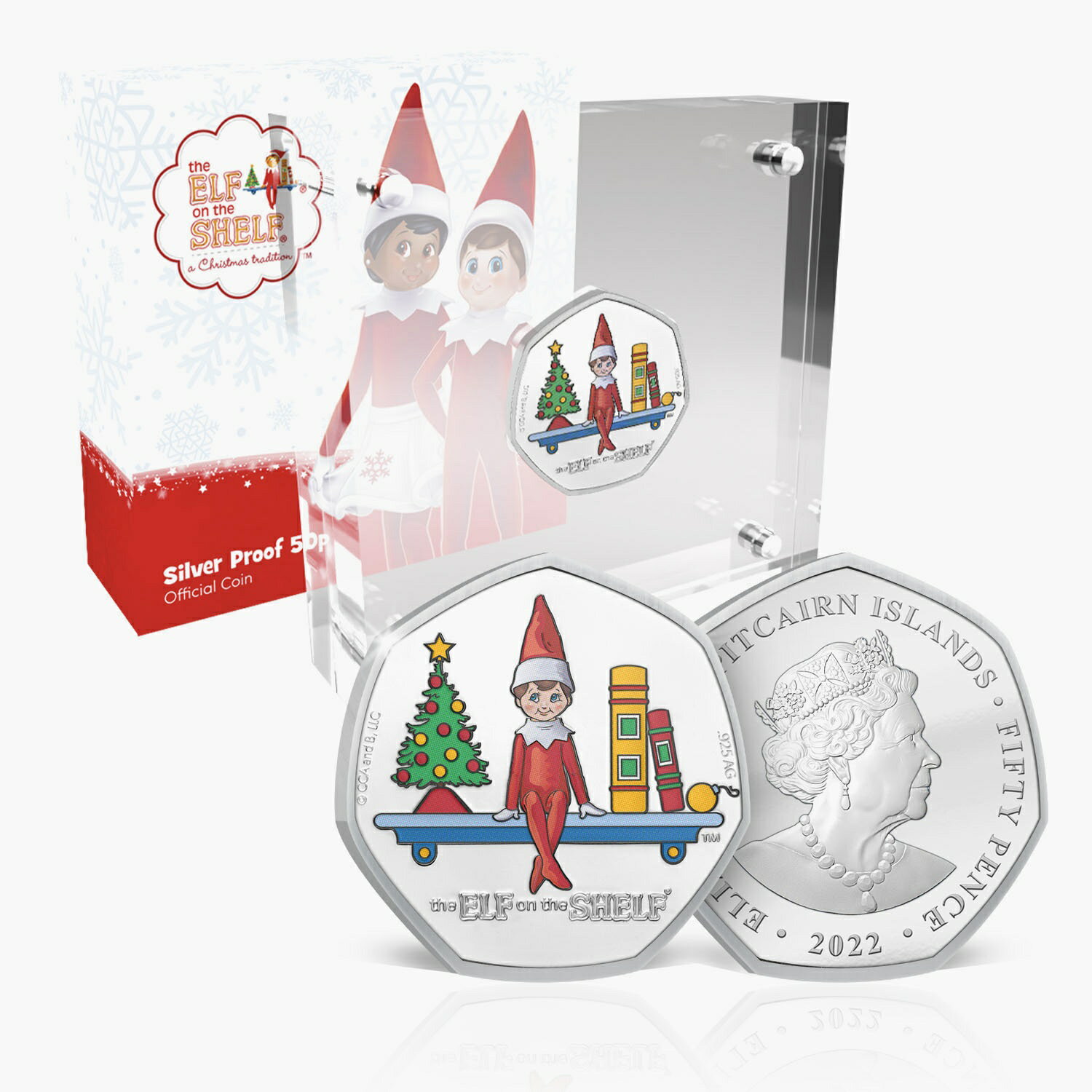 公式エルフ・オン・ザ・シェルフ シルバー プルーフ 50p カラー コイン 2022 ディスプレイケース付き
