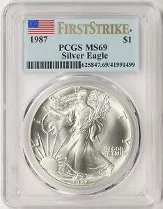 1987 アメリカン シルバー イーグル $1 PCGS MS69 ファースト ストライク フラッグ ラベル