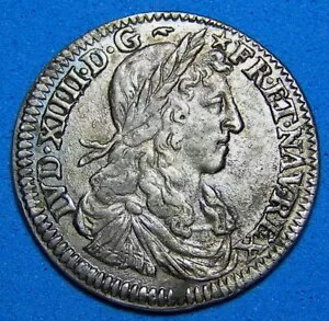 フランス 1/12 ECU 銀貨、1660 B、KM-199.2、調色 EF-AU、下地光沢あり