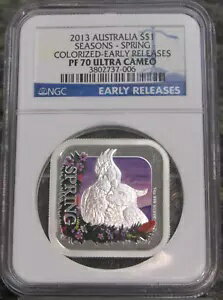 2013 シーズンズ 春 カラーライズド 1 オンス .999 シルバー スクエア コイン PF 70 ウルトラ カメオ ER