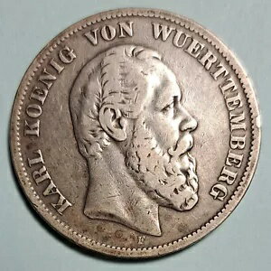 1876 F ドイツ諸州 ヴュルテンベルク 5 マルク .900 銀貨