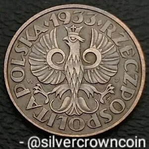 ポーランド 2 グローゼ 1933 WJ。 Y#9a。 2 セント硬貨。カンムリワシの翼が開きます。レアH