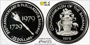 1979 バハマ銀 25 ドル議会 250 周年記念 - PCGS PR69 DCAM