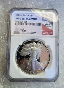 1986-S シルバー イーグル NGC PF 69 ウルトラ カメオ出演 ジョン メルカンティのサイン入り
