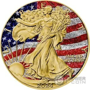 US FLAG ダイヤモンド ダスト 金メッキ 1 オンス シルバー コイン 1$ USA 2024