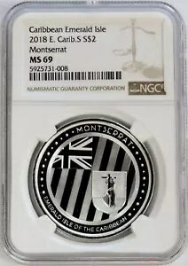 2018 シルバー モンセラート $2 カリブ海のエメラルド島 1 オンス コイン NGC MS 69